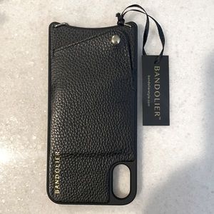 Bandolier crossbody XR black leather phone case.
